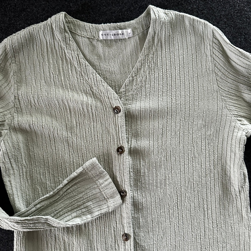Cut Loose Sage Green Textured Button Front Cardigan Top V-Neck Cotton Rayon L
